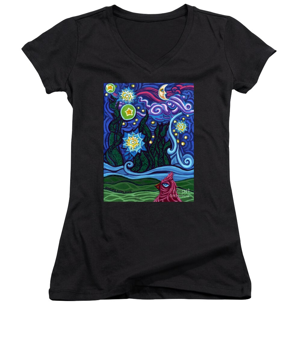 Starry Night Women's V-Neck featuring the painting Etoile Noire Bleu by Genevieve Esson