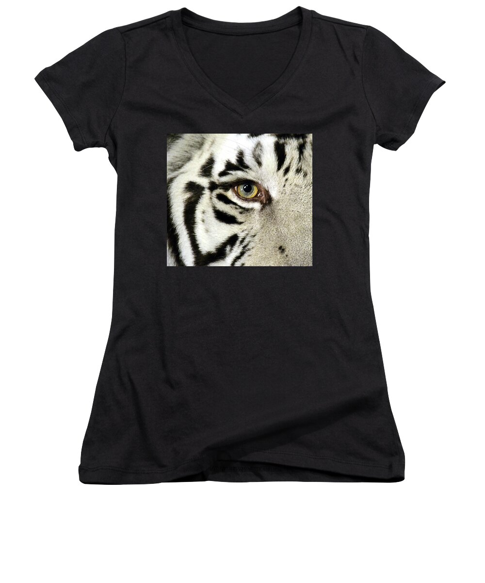 White Tiger Women's V-Neck featuring the photograph Eye of the Tiger by Nadalyn Larsen