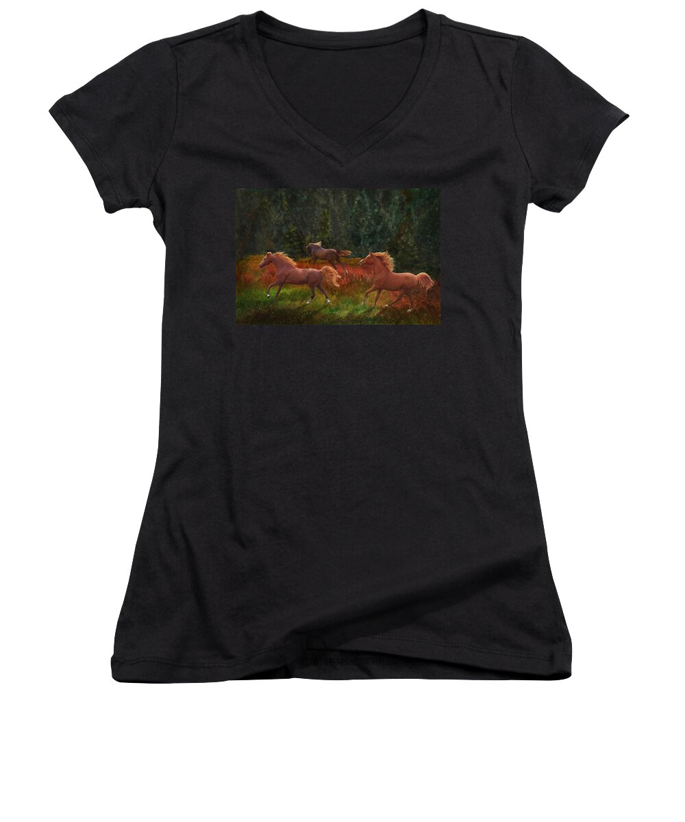 Chestnut Horses Women's V-Neck featuring the photograph Fall Dancers by Melinda Hughes-Berland