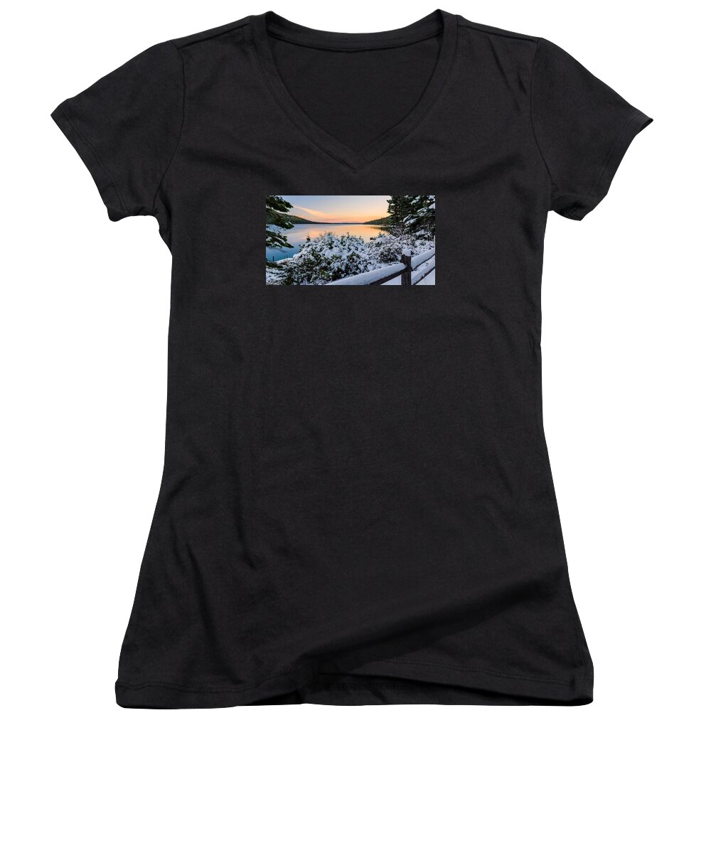 Fallen Leaf Lake Women's V-Neck featuring the photograph Fallen Leaf Lake by Mike Ronnebeck