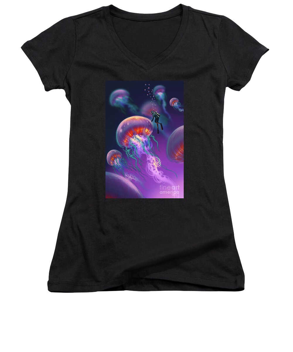 Acrylic Painting Women's V-Neck featuring the painting Fantasy Underworld by Tithi Luadthong