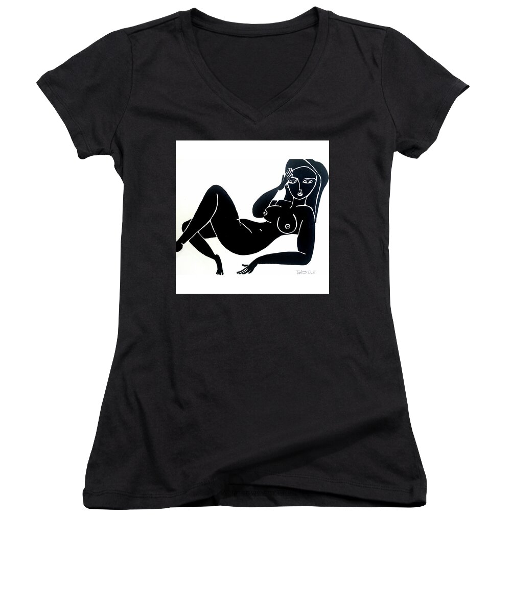 John Wayne Women's V-Neck featuring the painting Female Nude Pose Classy by Robert R Splashy Art Abstract Paintings