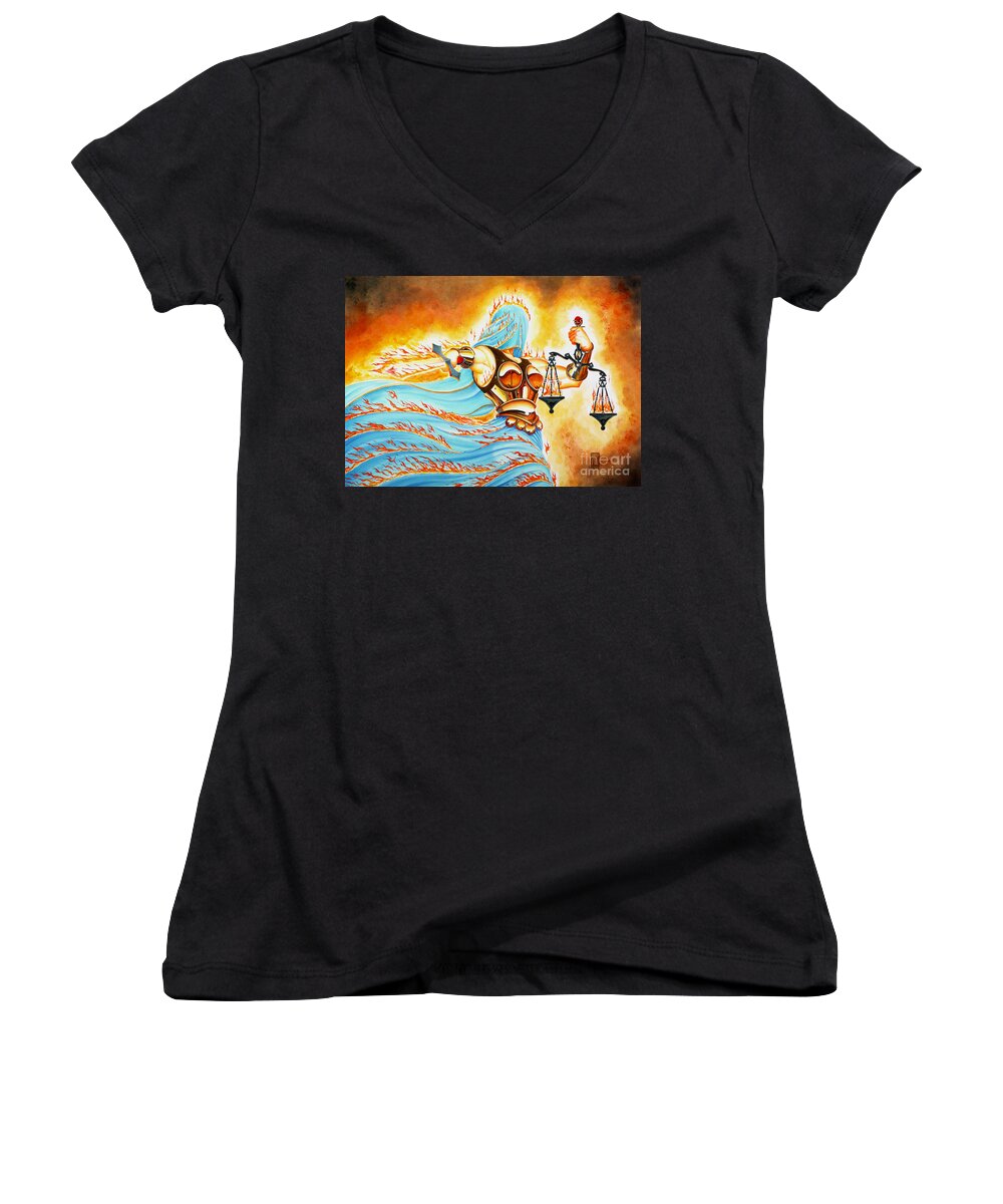Fantasy Women's V-Neck featuring the drawing Fiery Justice by Melissa A Benson