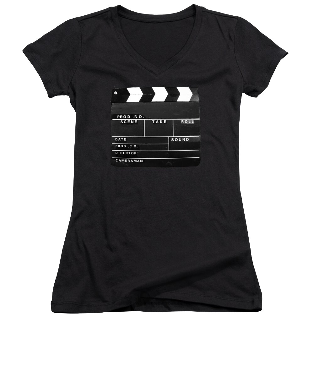 Movie Women's V-Neck featuring the photograph Film Movie Video production Clapper board by Tom Conway