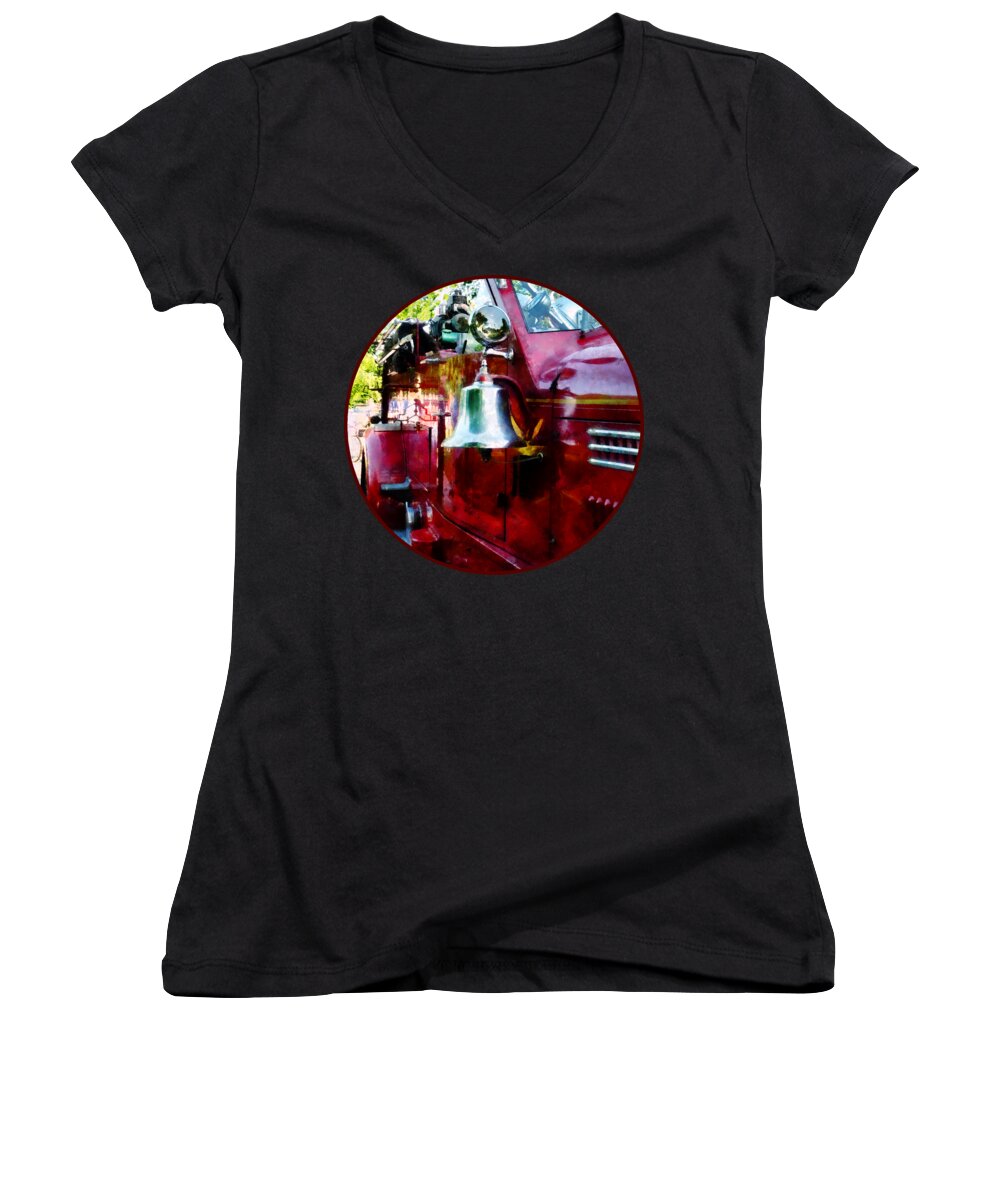 Firefighters Women's V-Neck featuring the photograph Fireman - Bell on Fire Engine by Susan Savad