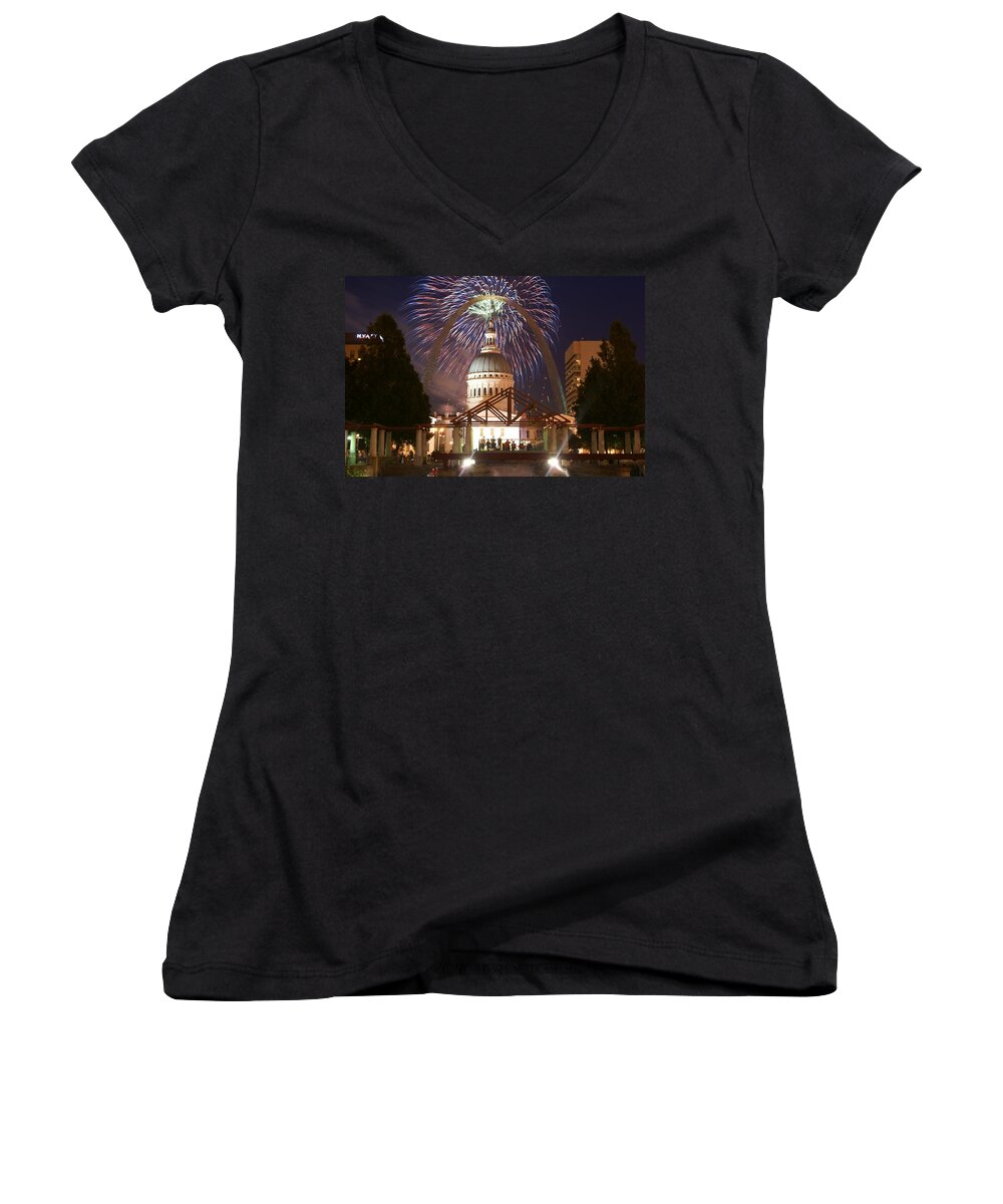 Saint Louis Women's V-Neck featuring the glass art Fireworks at the Arch 1 by Marty Koch