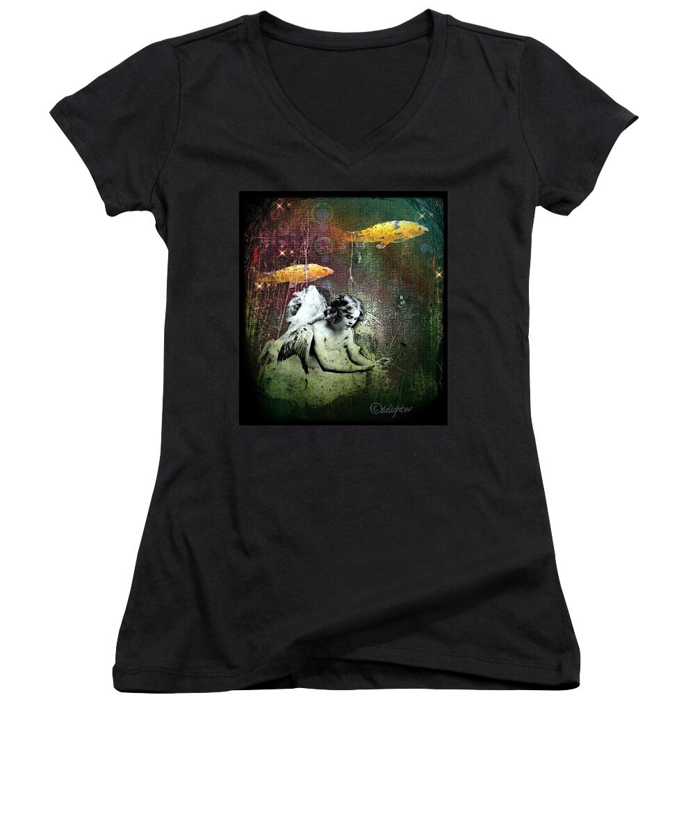 Goldfish Women's V-Neck featuring the digital art Fishes Wings by Delight Worthyn