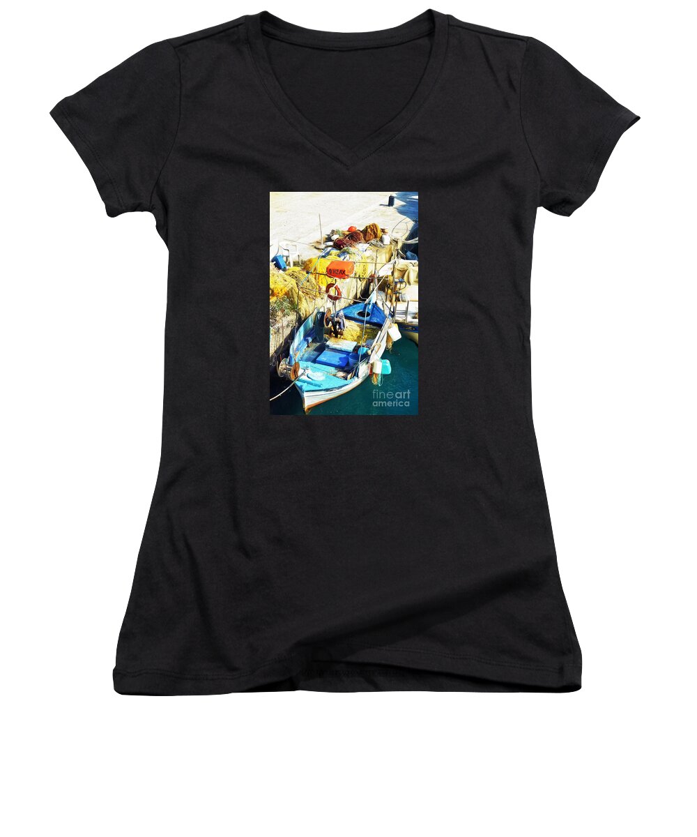 Crete Women's V-Neck featuring the photograph fishing boat in Crete by HD Connelly