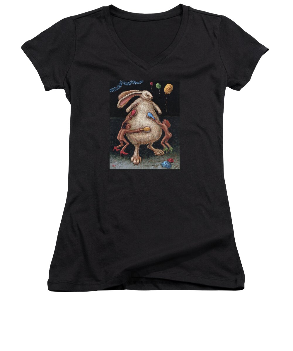 Bunny Women's V-Neck featuring the painting Fluffing the Bunny aka Grooming the Bride by Holly Wood