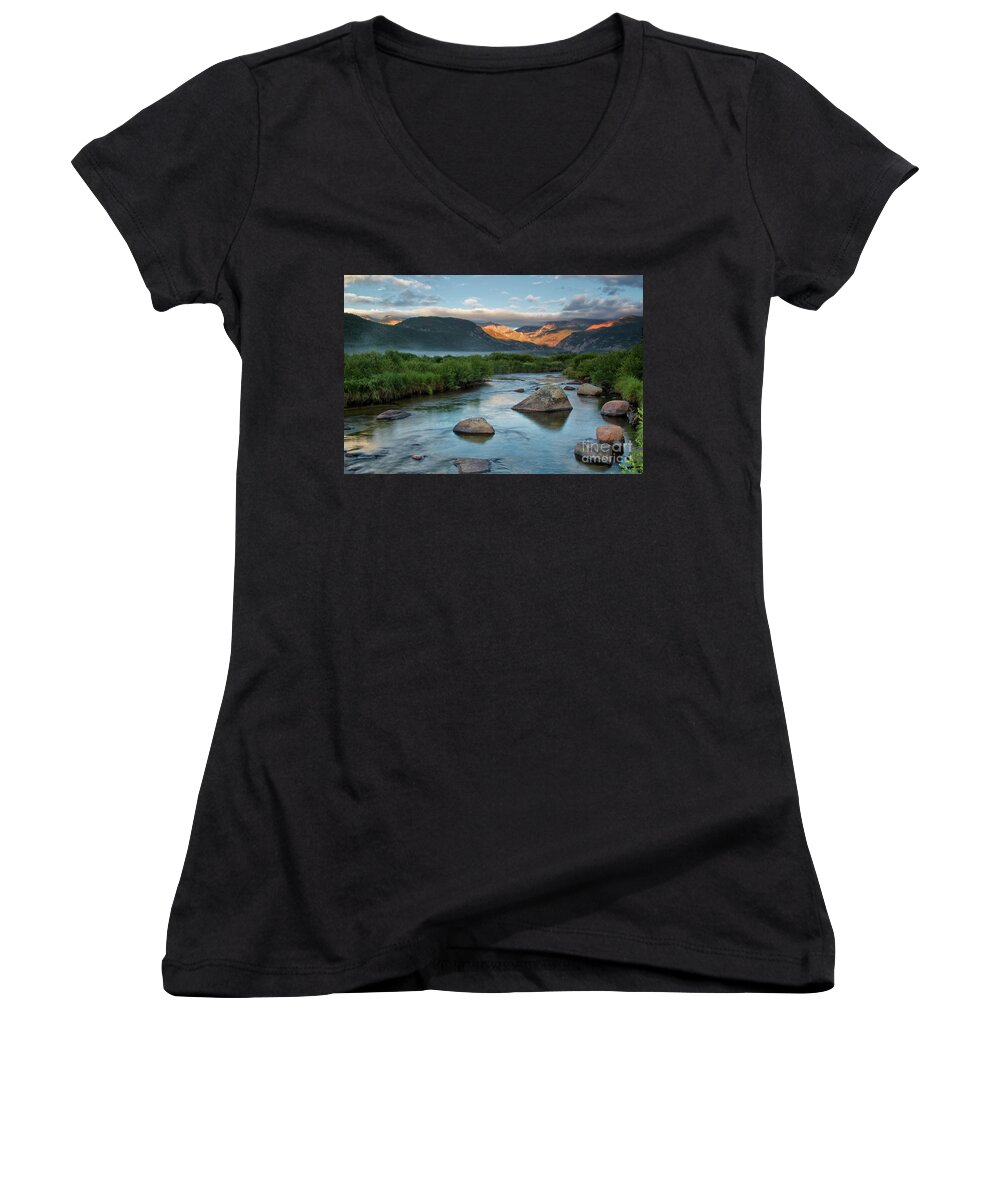 Rocky Mountain National Park Women's V-Neck featuring the photograph Fog Rolls in on Moraine Park and the Big Thompson River in Rocky by Ronda Kimbrow