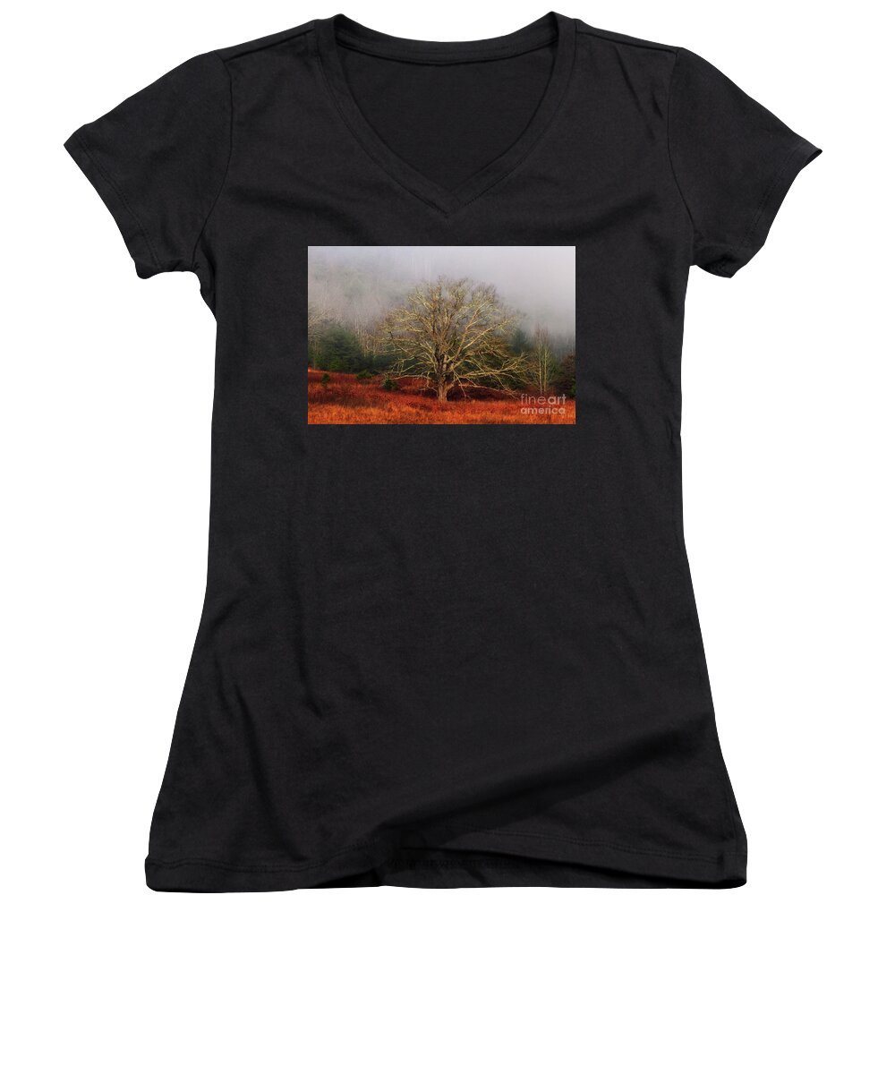 Fog Women's V-Neck featuring the photograph Fog Tree by Geraldine DeBoer