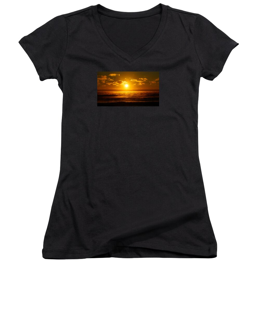 Fog Women's V-Neck featuring the photograph Foggy Gold Sunrise by Lawrence S Richardson Jr