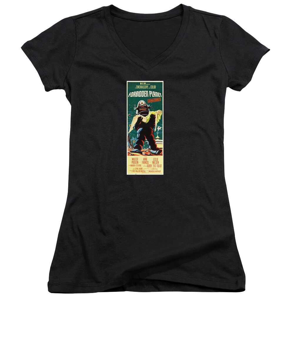 Forbidden Planet Women's V-Neck featuring the painting Forbidden Planet in CinemaScope retro classic movie poster portraite by Vintage Collectables