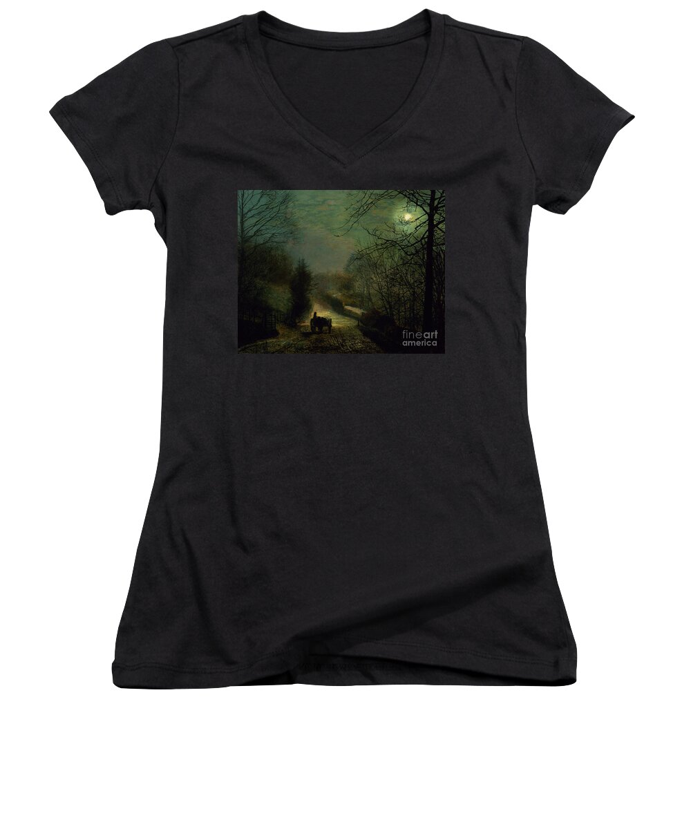 Forge Women's V-Neck featuring the painting Forge Valley by John Atkinson Grimshaw