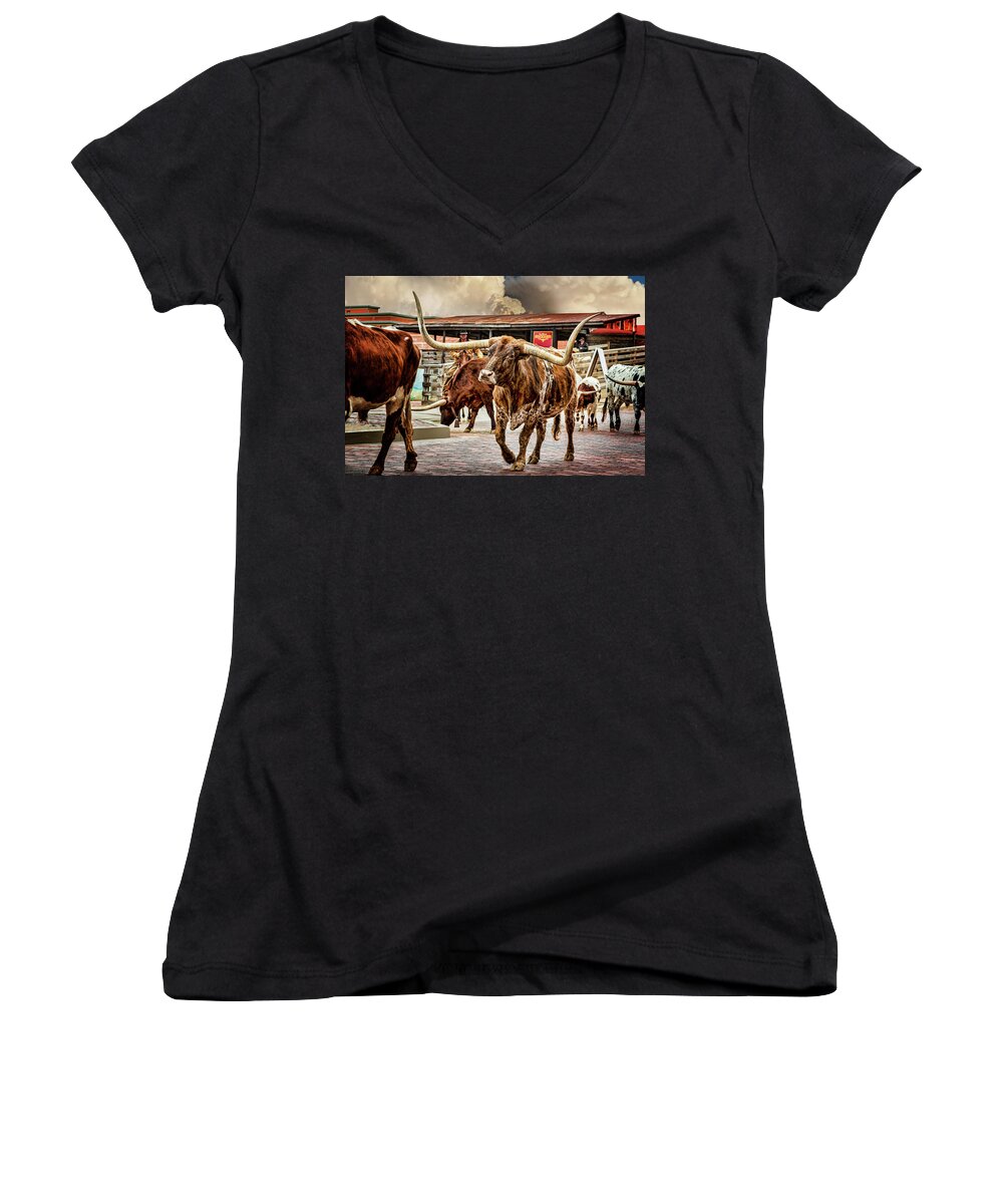 Texas Women's V-Neck featuring the photograph Fort Worth Stockyards by Kelley King