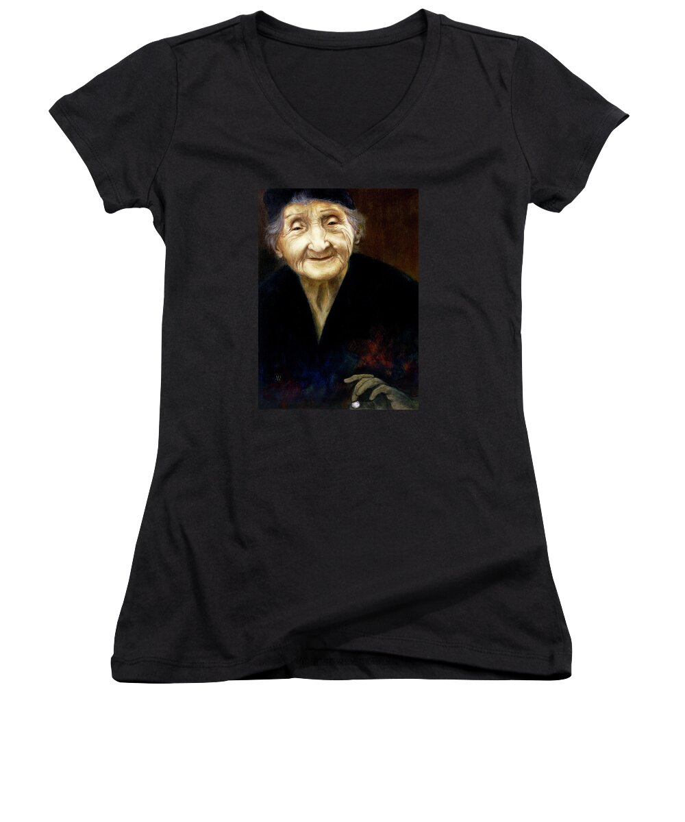 Female Portrait Women's V-Neck featuring the painting Fortune Teller by Yvonne Wright