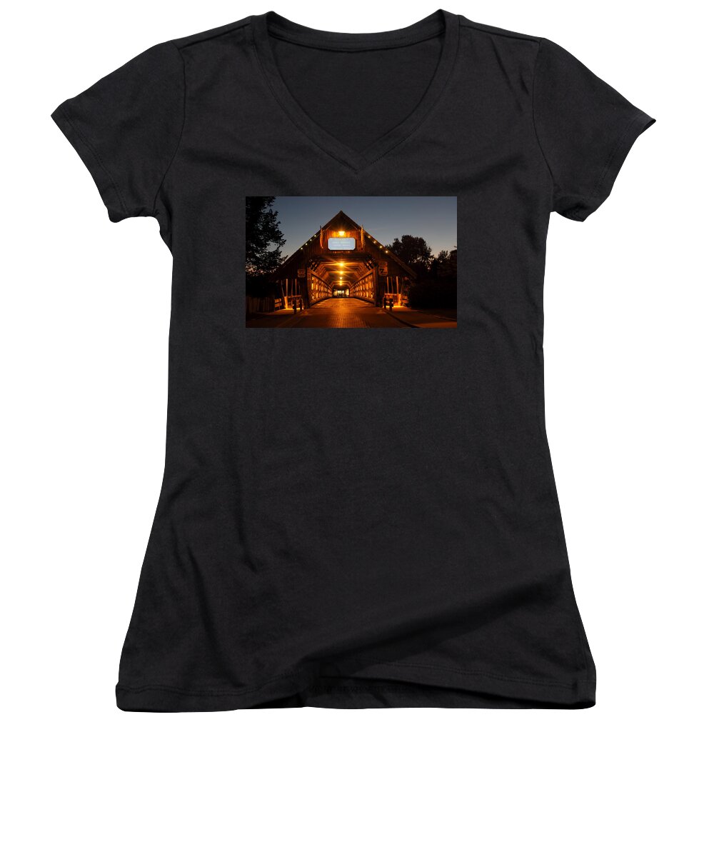 Frankenmuth Women's V-Neck featuring the photograph Frankenmuth Covered Bridge by Pat Cook