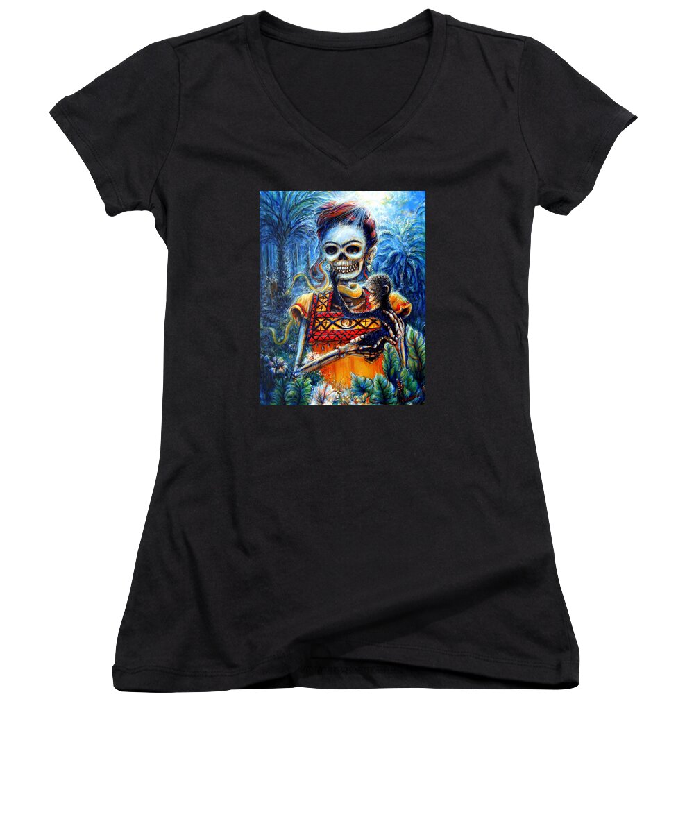 Frida Women's V-Neck featuring the painting Frida in the Moonlight Garden by Heather Calderon