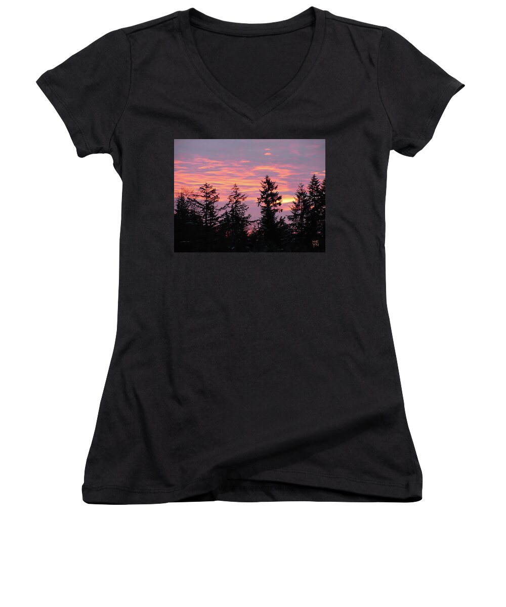 Sun Women's V-Neck featuring the photograph Frosted Morning Silhouette by Shirley Heyn