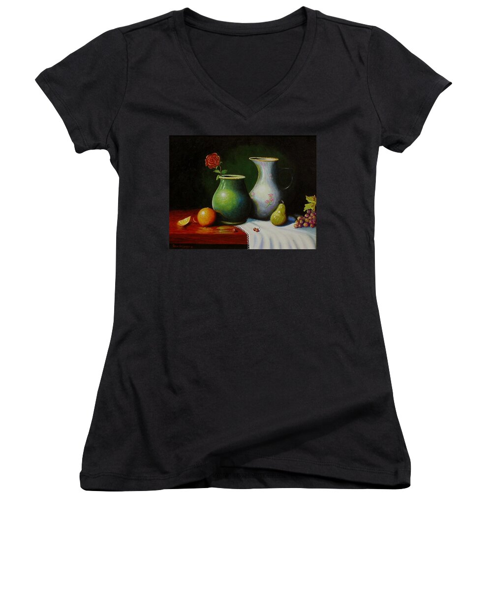Still Life Women's V-Neck featuring the painting Fruit and pots. by Gene Gregory