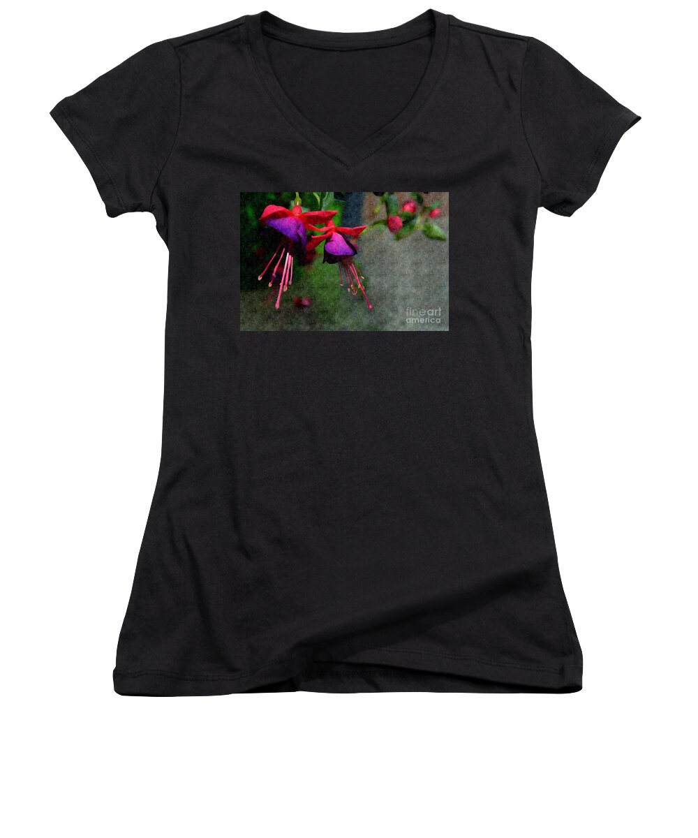 Adrian-deleon Women's V-Neck featuring the photograph Fuchsia's beating as one together -Silk Edit by Adrian De Leon Art and Photography