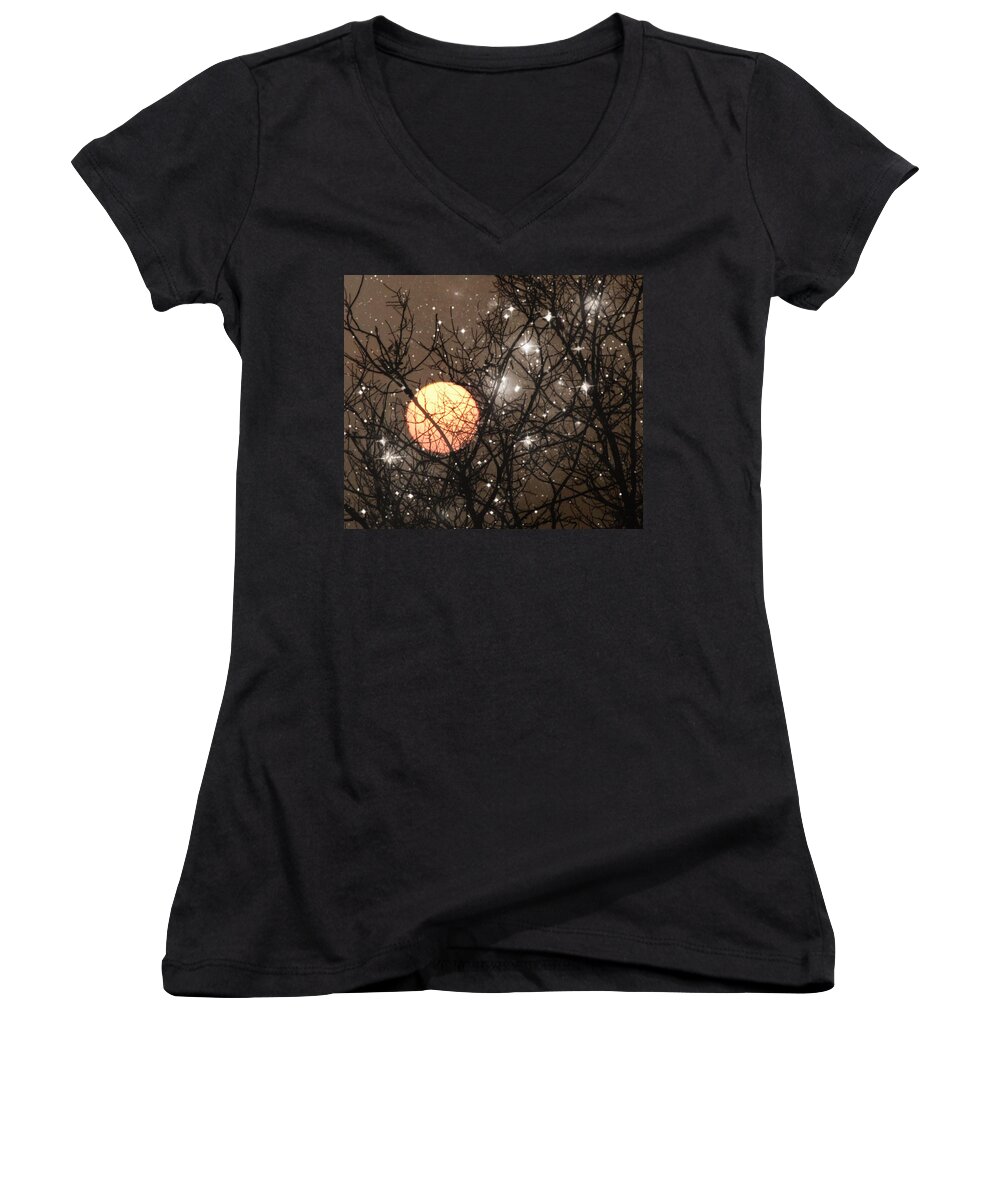 Full Moon Women's V-Neck featuring the photograph Full Moon Starry Night by Marianna Mills