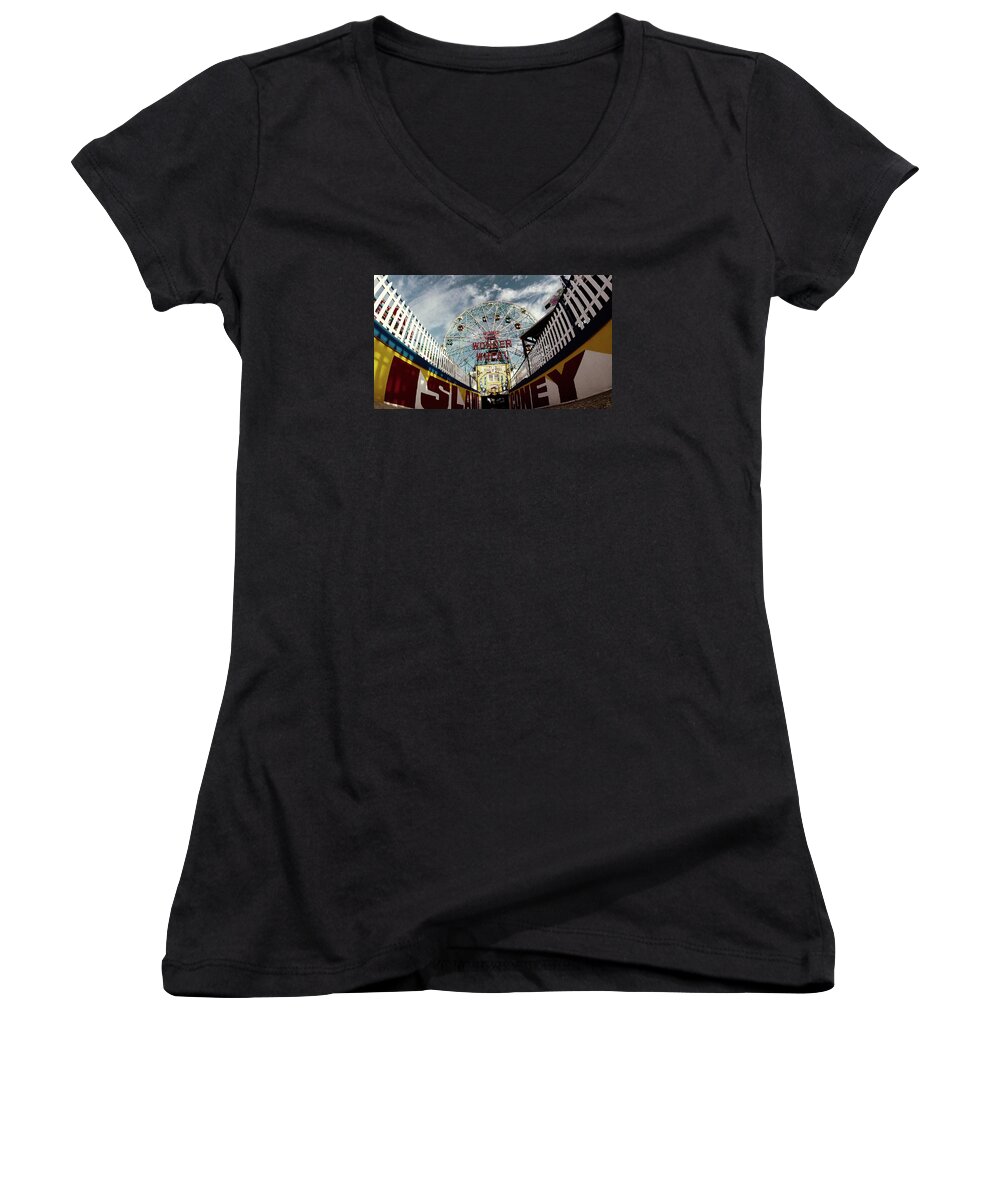 Coney Island Women's V-Neck featuring the photograph Gate of Wonder by Allan Piper