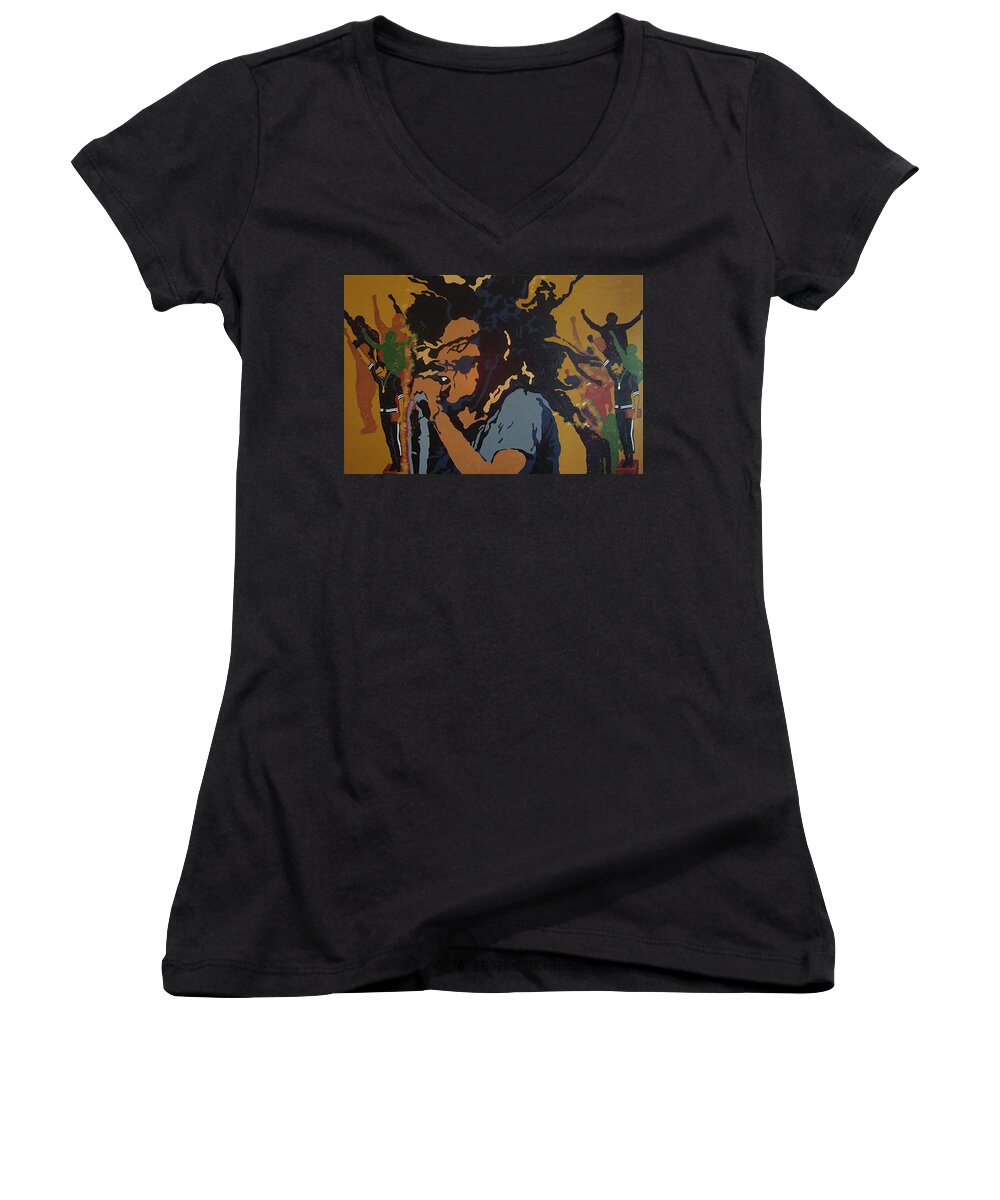 Bob Marley Women's V-Neck featuring the painting Get Up Stand Up by Rachel Natalie Rawlins