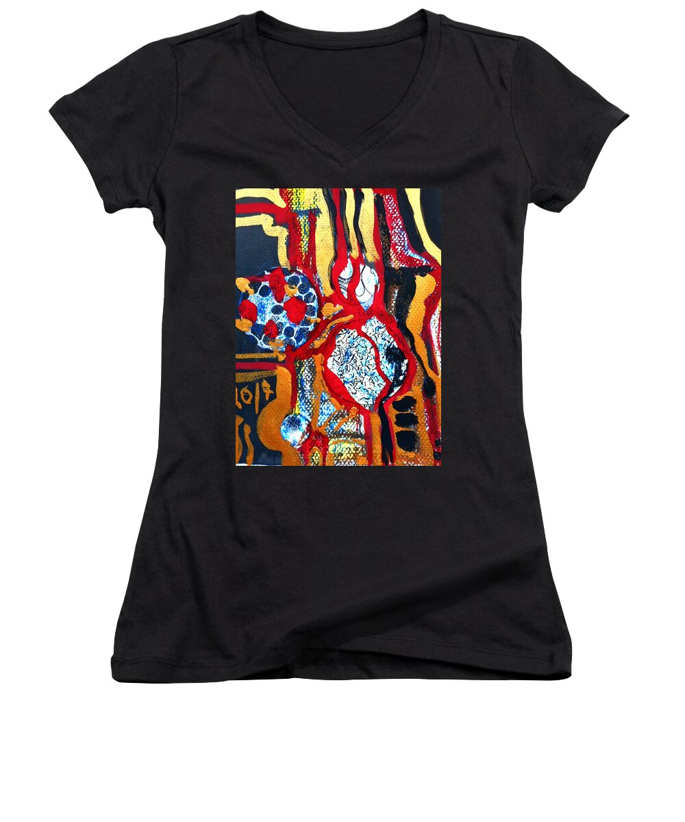 Katerina Stamatelos Art Women's V-Neck featuring the painting Gold-Abstract-2 by Katerina Stamatelos
