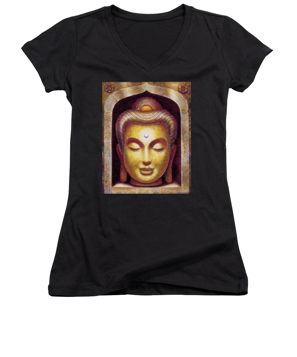 Buddha Women's V-Neck featuring the painting Golden Buddha by Sue Halstenberg