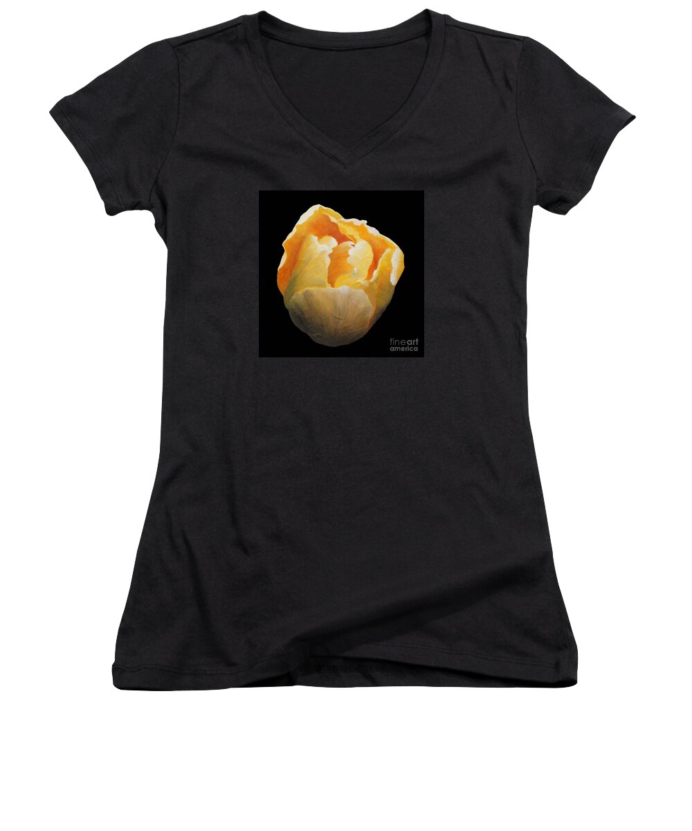 Tulip Women's V-Neck featuring the painting Golden Double Tulip by Phyllis Howard