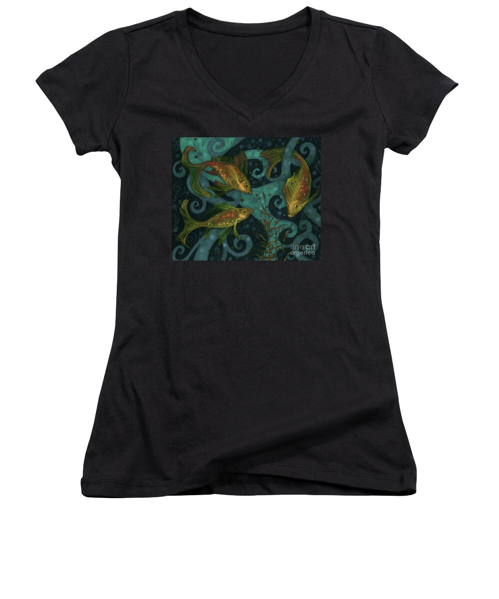 Fish Women's V-Neck featuring the mixed media Golden Fishes, underwater creatures, black, teal and yellow by Julia Khoroshikh