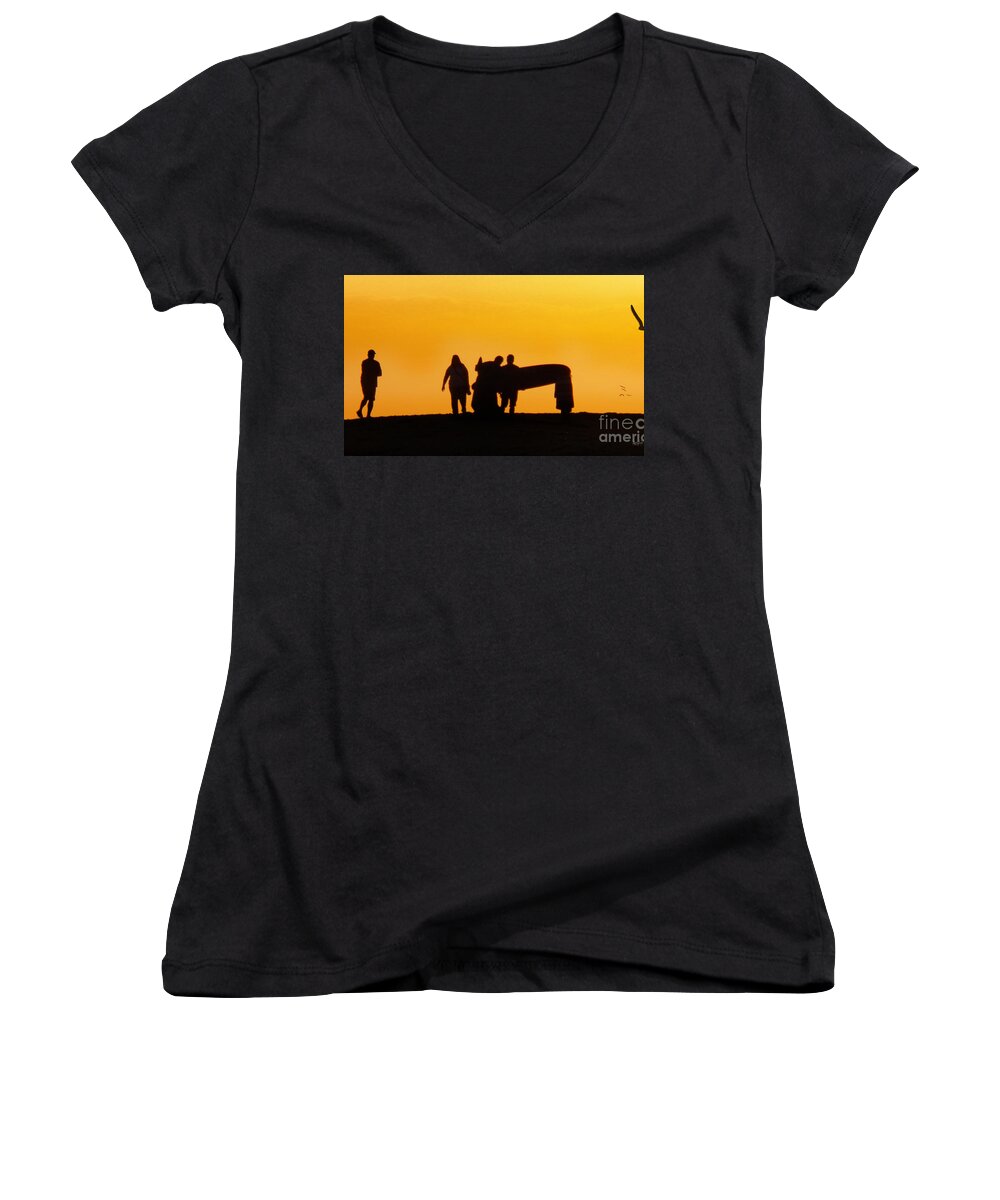 Beach Women's V-Neck featuring the photograph The Golden Hour by Rhonda Strickland