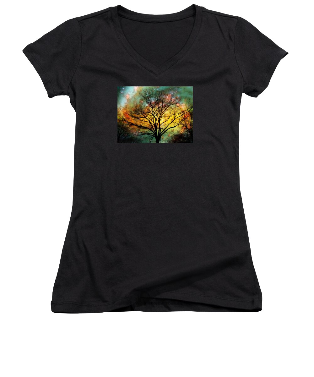 Nasa Art Women's V-Neck featuring the photograph Golden Sunset Treescape by Barbara Chichester