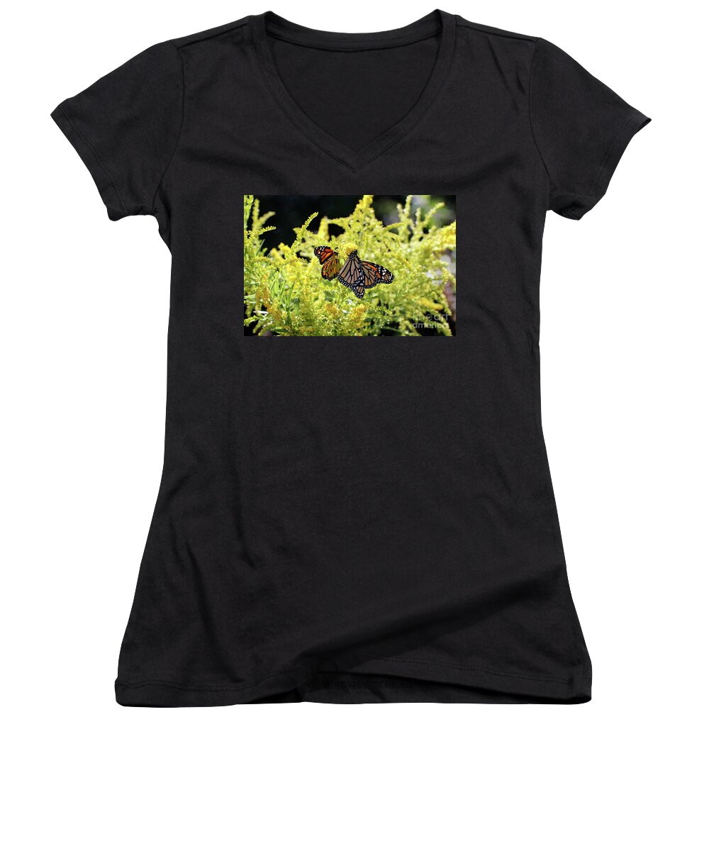 Butterfly Photos Women's V-Neck featuring the photograph Goldenrod Flowers and Butterflies by Luana K Perez