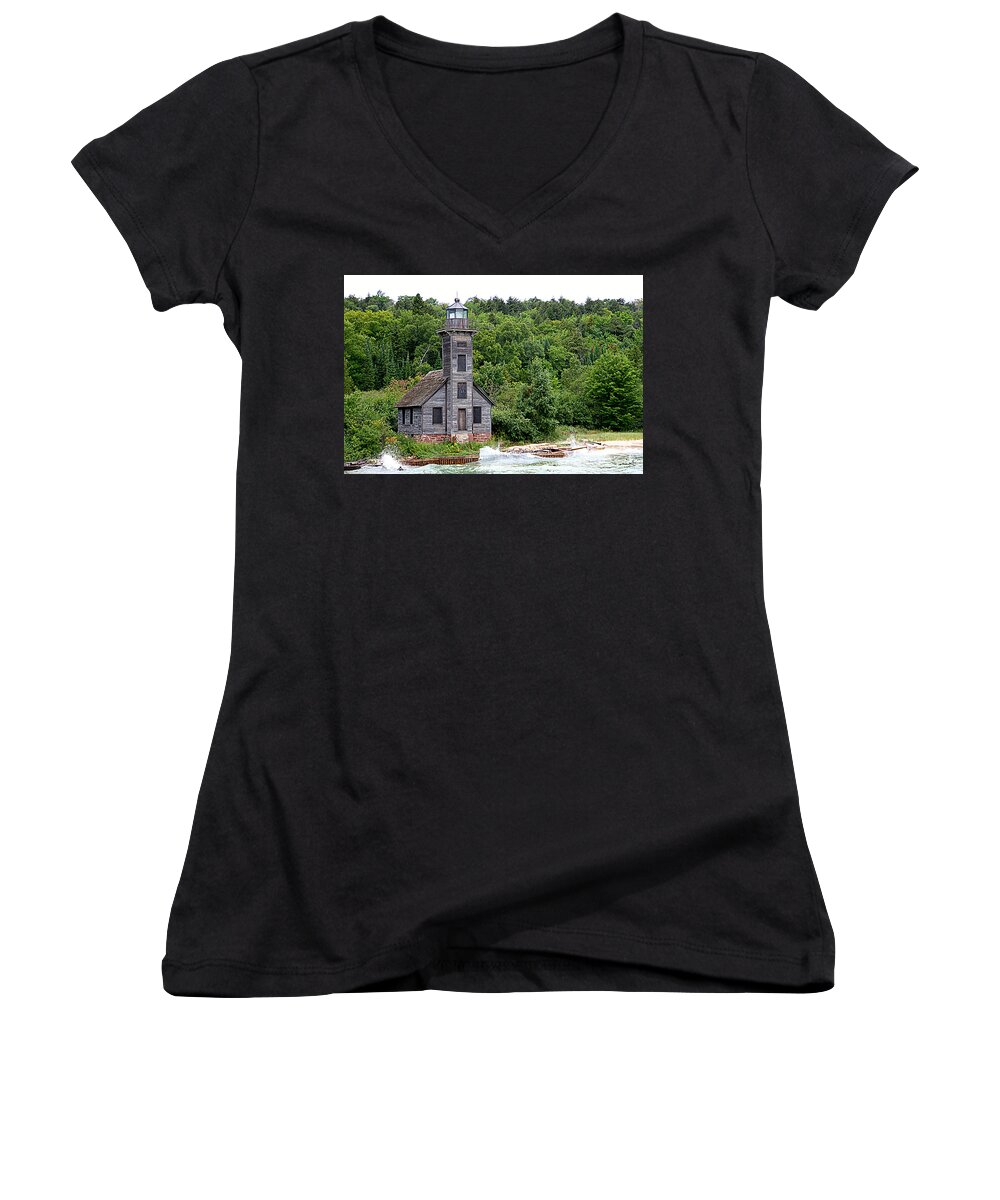 Grand Island East Channel Lighthouse Women's V-Neck featuring the photograph Grand Island East Channel Lighthouse #6680 by Mark J Seefeldt