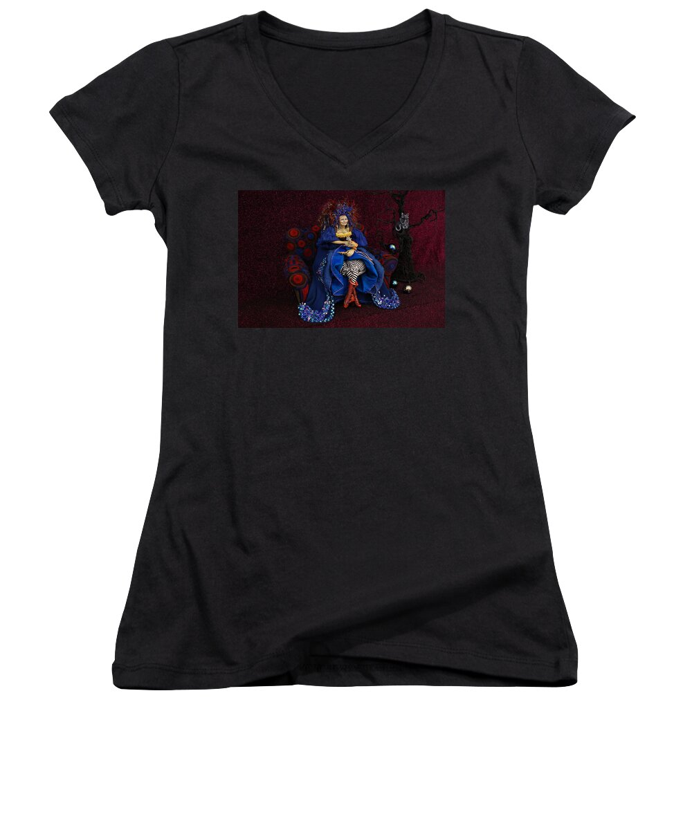 Grandmother Witch Doll Women's V-Neck featuring the mixed media Grandmother Witch by Judy Henninger