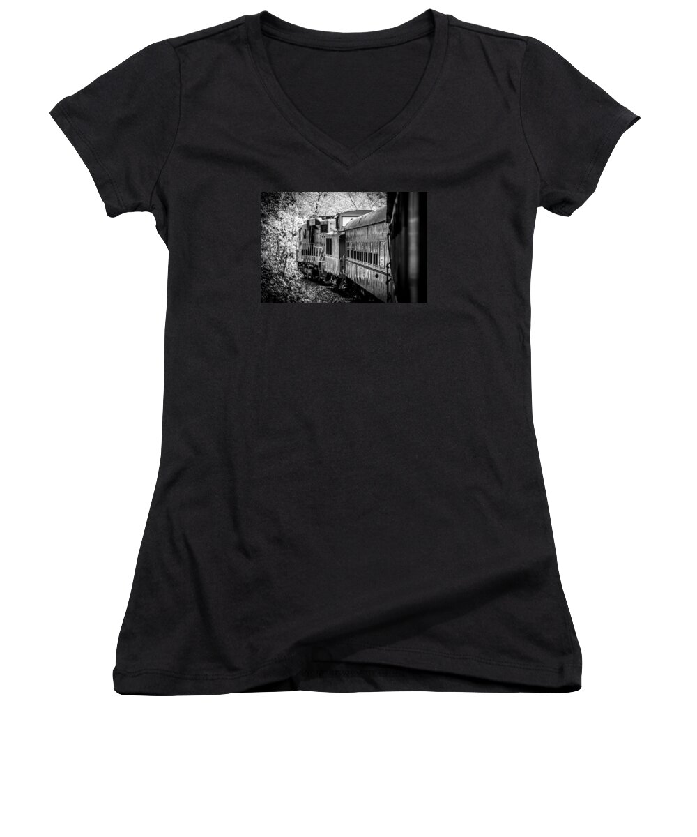 Kelly Hazel Women's V-Neck featuring the photograph Great Smokey Mountain Railroad Looking Out at the Train in Black and White by Kelly Hazel