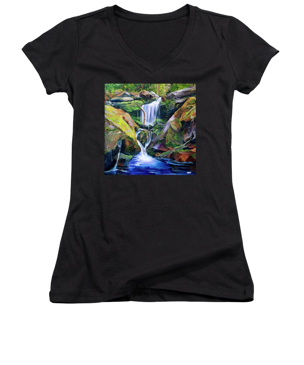 Landscape Women's V-Neck featuring the painting Great Smoky Waterfall by Terry R MacDonald
