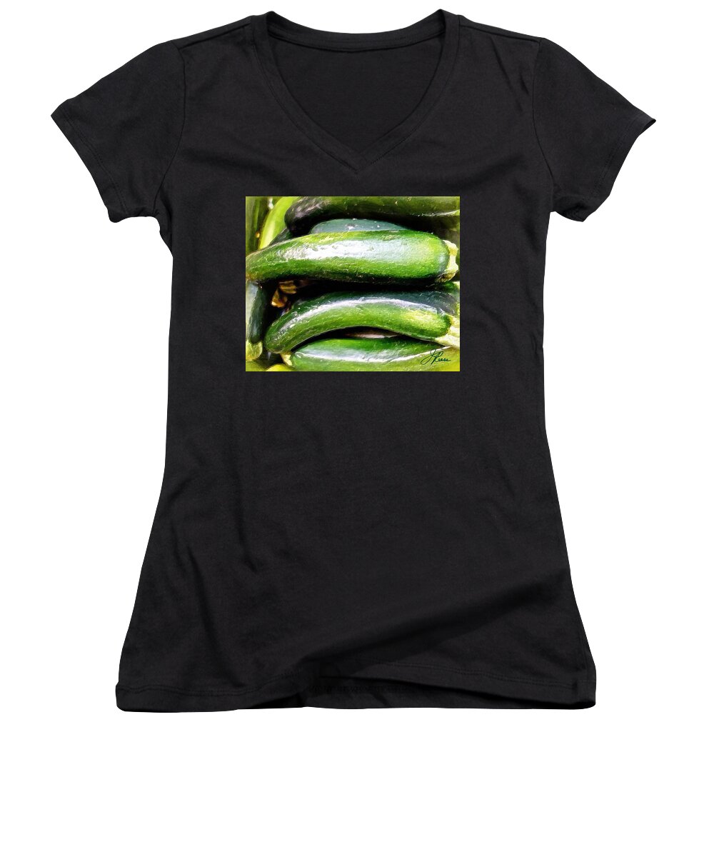 Green Cucumber Colorful Women's V-Neck featuring the painting Green Cucumber by Joan Reese