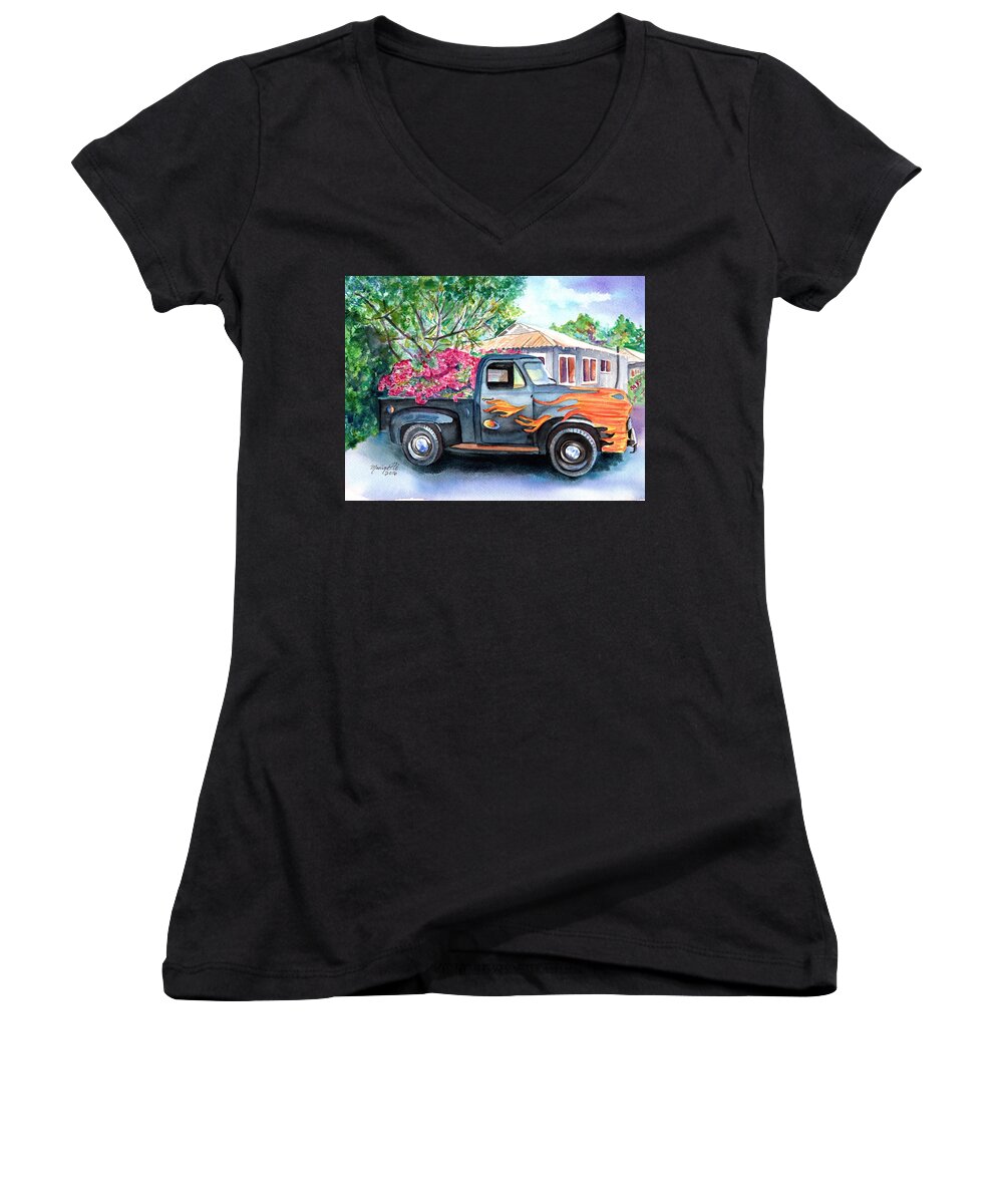 Hanapepe Women's V-Neck featuring the painting Hanapepe Truck 2 by Marionette Taboniar