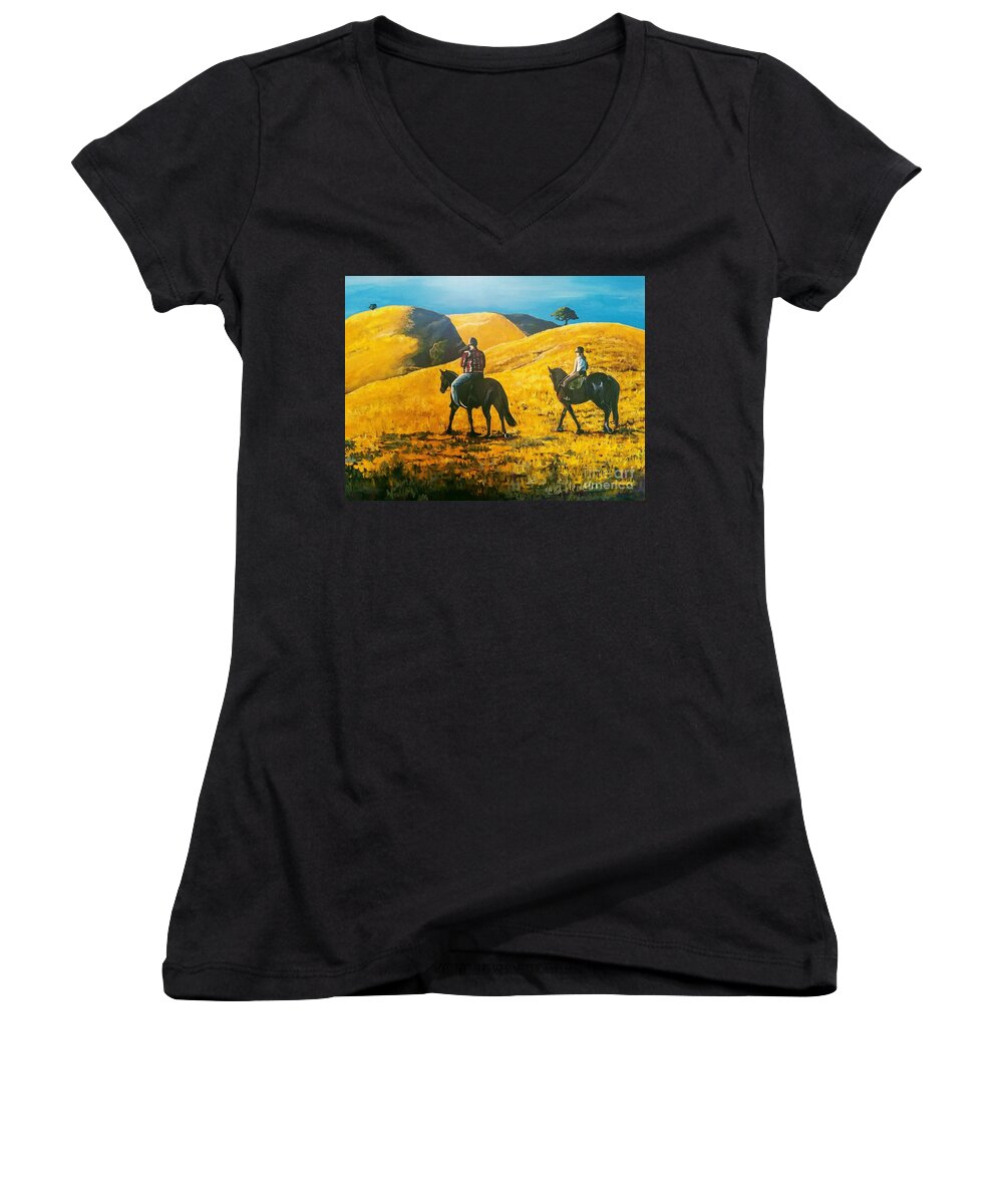 Horses Women's V-Neck featuring the painting Happy Memories by Kathy Laughlin