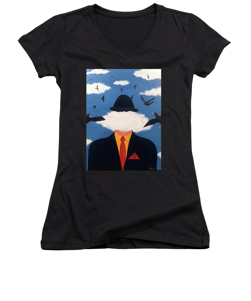 Modern Art Women's V-Neck featuring the painting Head in the Cloud by Thomas Blood