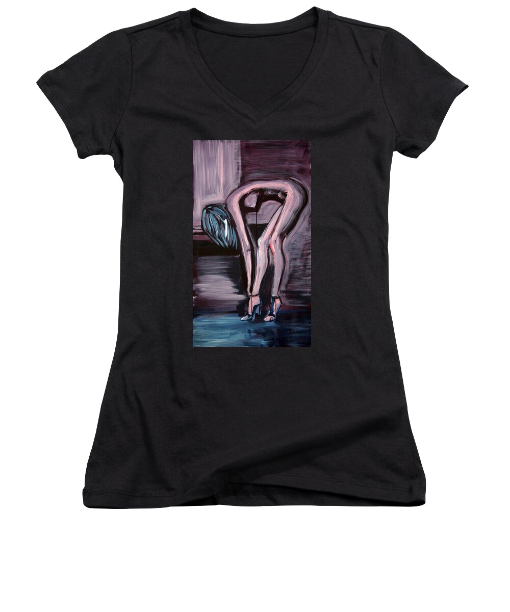 Art Women's V-Neck featuring the painting Her Blue Shoes by Jarmo Korhonen aka Jarko