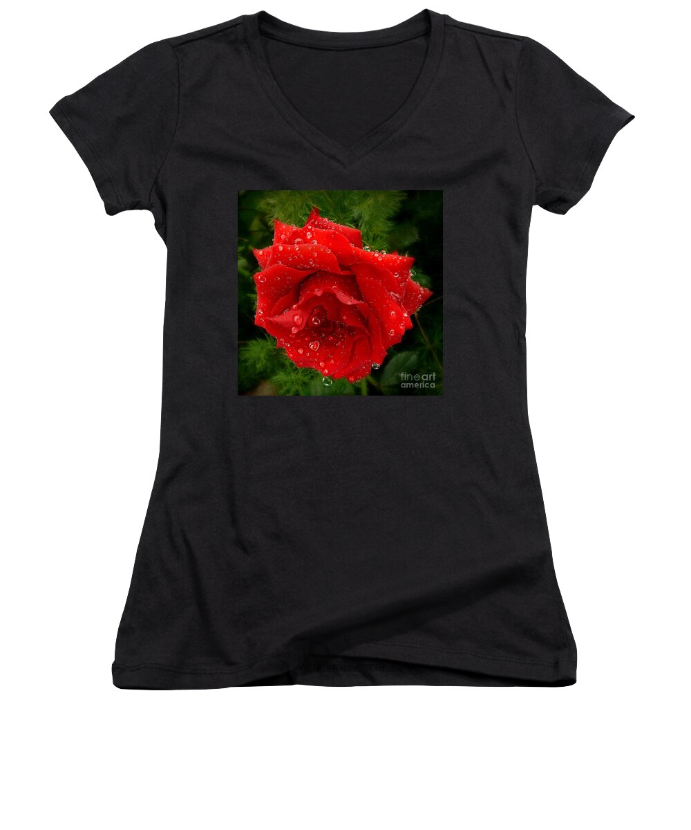 Red Rose Women's V-Neck featuring the mixed media Hidden Hearts by Morag Bates