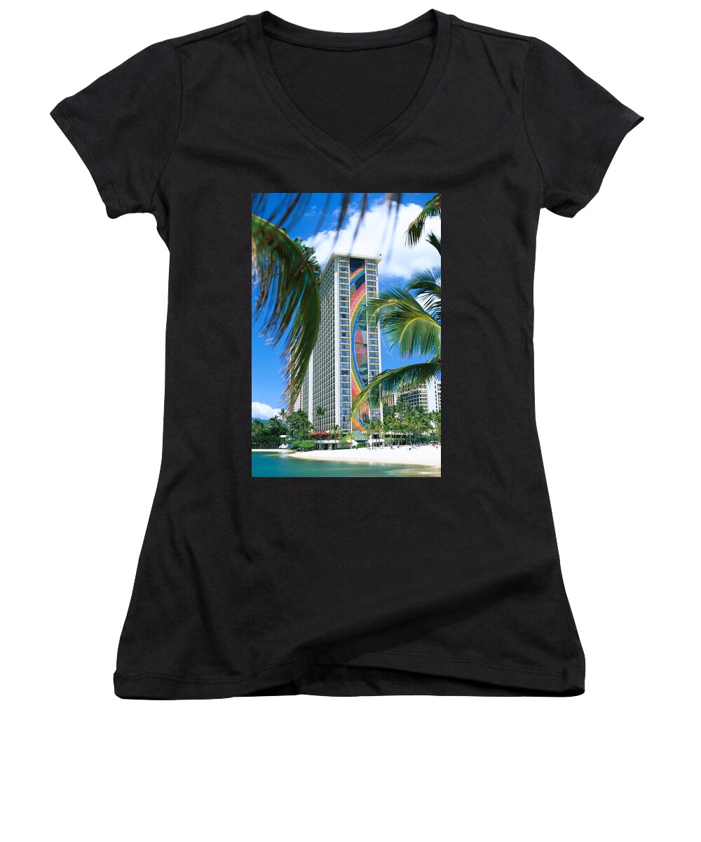 Afternoon Women's V-Neck featuring the photograph Hilton Rainbow Tower by Vince Cavataio - Printscapes
