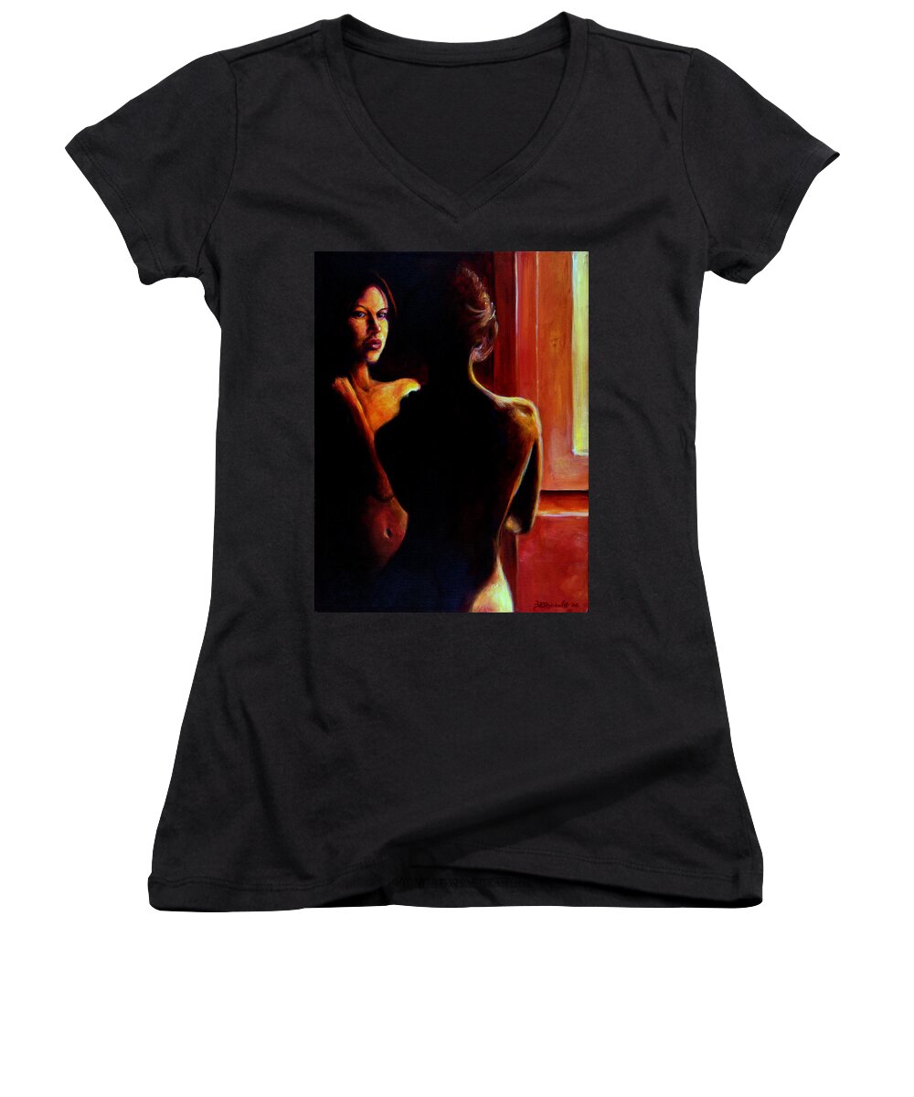 Nude Women's V-Neck featuring the painting Honestly by Jason Reinhardt