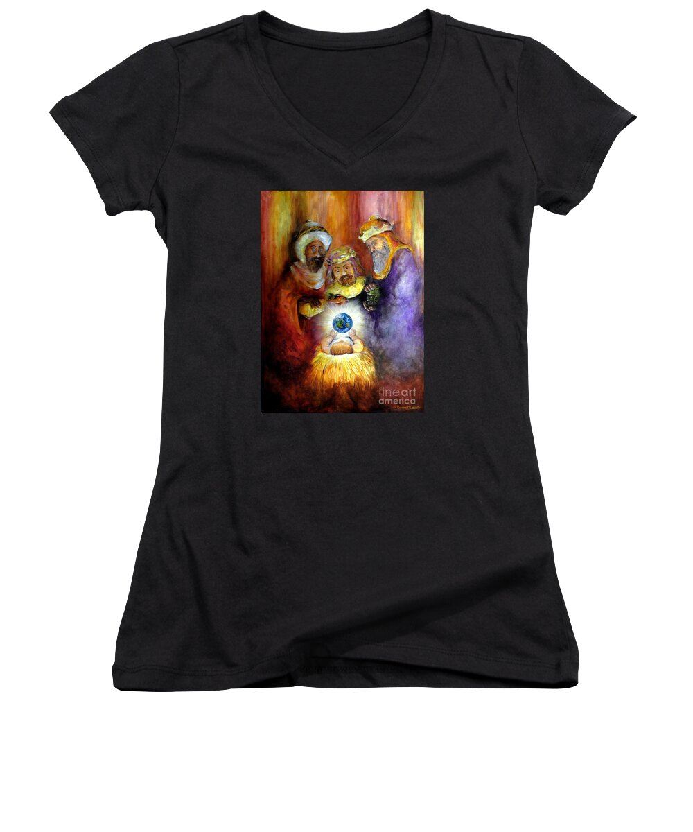 Three Kings Women's V-Neck featuring the painting Hope of the World by Deborah Smith