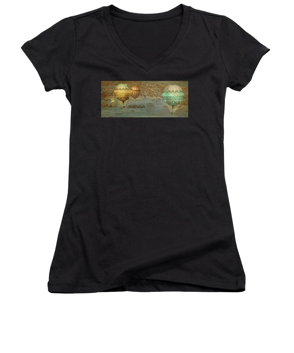 Italy Women's V-Neck featuring the digital art Hot Air baloons over Venice by Jeff Burgess