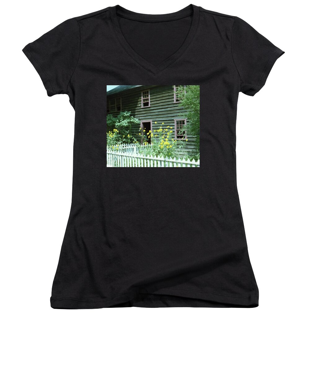 Picket Fence Women's V-Neck featuring the photograph House with Picket Fence by Geoff Jewett